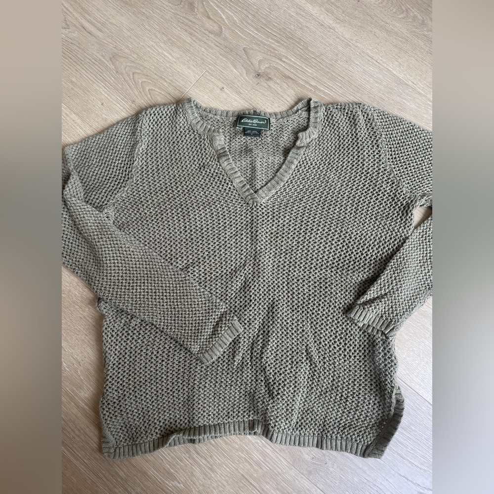 Eddie Bauer Sweater Womens olive/gray Open Knit Linen Blend Boho size S